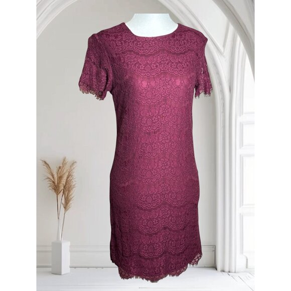 Lulus XS Remarkable Burgundy Lace Short Sleeve Sheath Dress With Floral Pattern - Picture 2 of 9